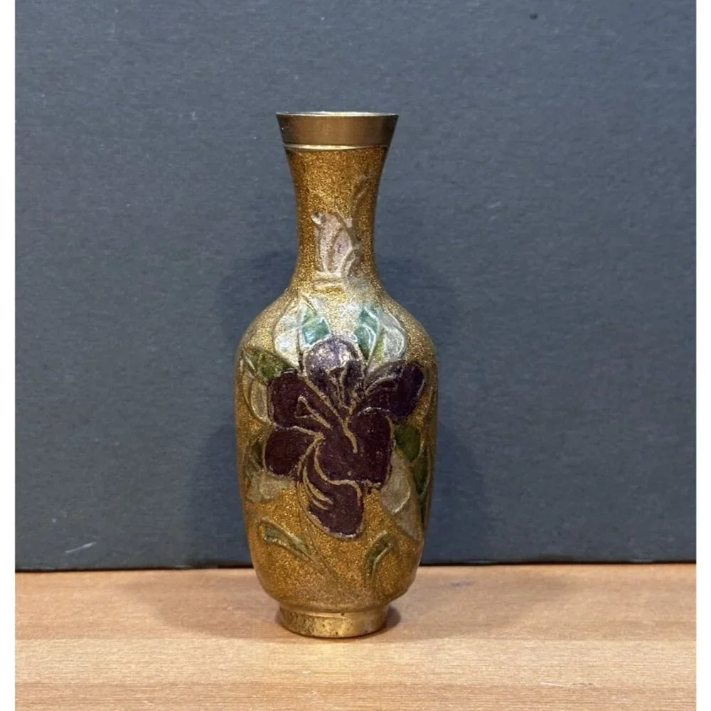Vintage Miniature Cloisonné Enamel Brass Bud Vase 4” Floral Asian Decor